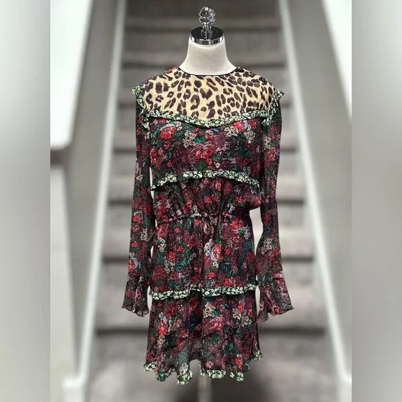 Anthropologie Scotch & Soda Leopard & Lillies Floral Long Sleeve Mini Dress Chic - Picture 1 of 16